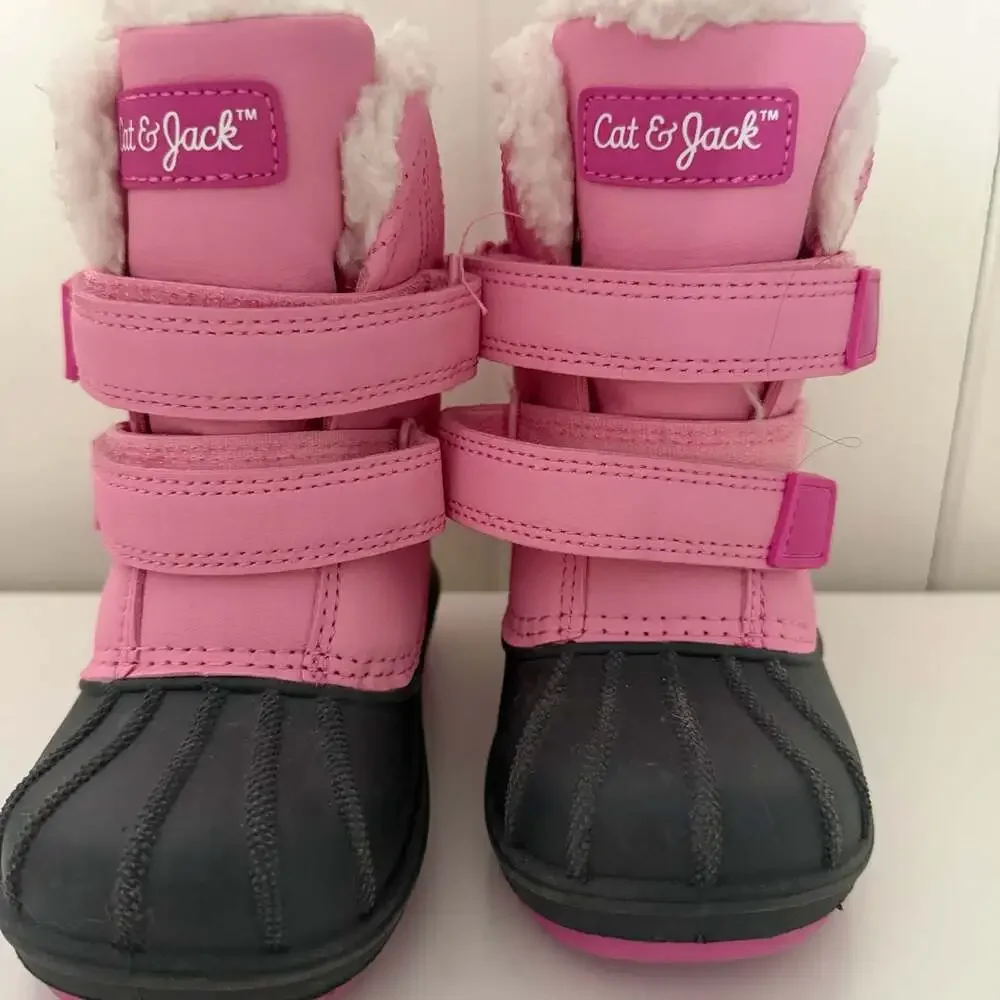 Cat & Jack Toddler Girls Pink and Black Faux Fur Lined Winter Snow Boots Size 7